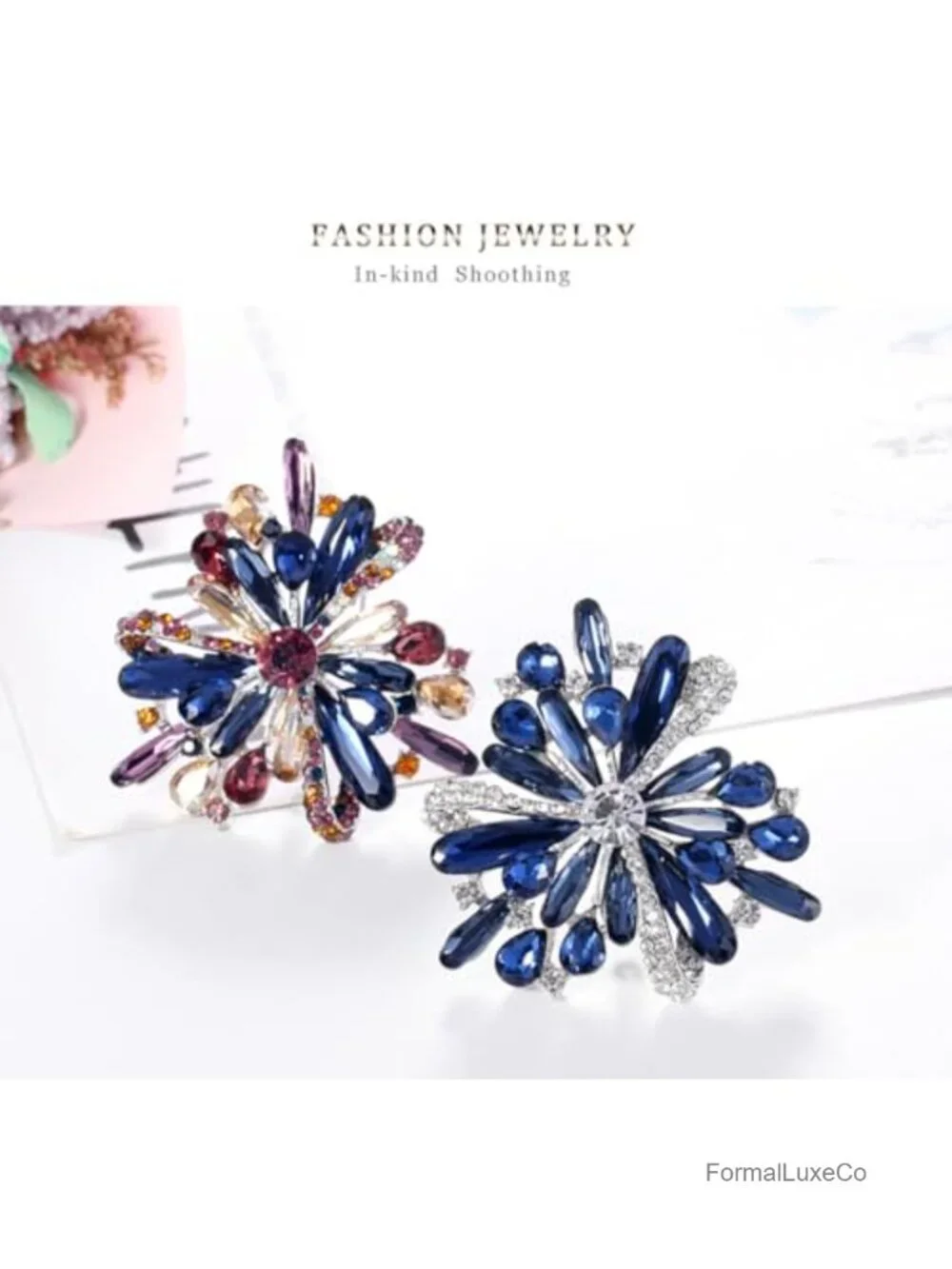 Blue Crystal Flower Brooch Pin Vintage Rhinestone Floral Brooch for Women Bag